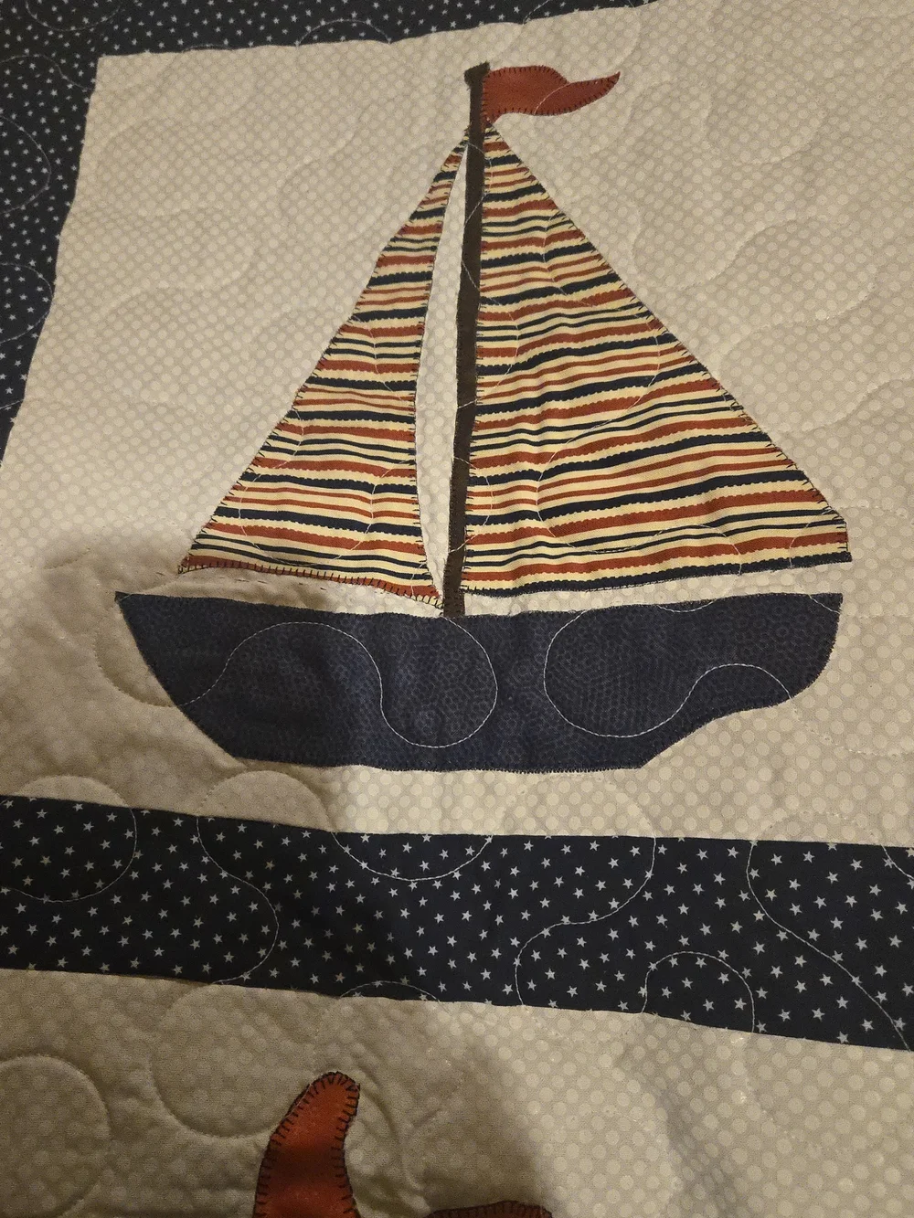 Handmade Coastal Patchwork Quilt Throw - White & Navy with Orange Accents